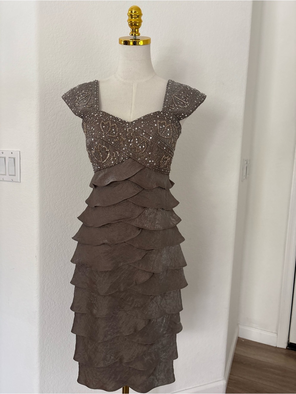 Camille La Vie Beaded Taupe Tiered Ruffle Midi Dress
